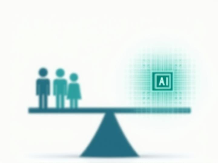 Illustration of balanced scales with human figures, representing fairness and equality in AI-aided hiring