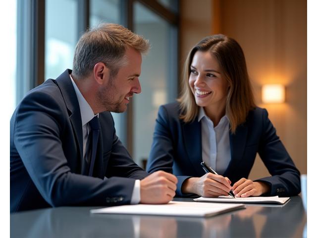 Two business professionals engaged in a confidential discussion over a coffee, symbolizing a discreet executive search consultation.